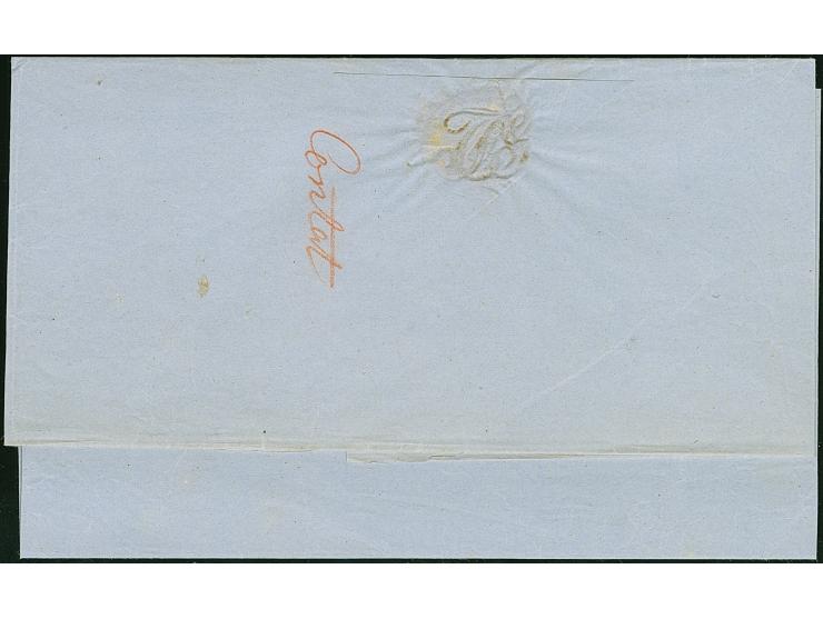 1849, Paketbegleit-Briefhülle mit blauem Hufeisenstempel “FRANKFURT 10 NOV.1849” nach Vaduz im Fürstentum Liechtenstein. Sehr