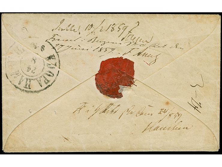 1859, kleines Briefkuvert mit breiter geprägter Zierborde, mit Ra2 "MODLAU 21 8" (1859), über Hamburg nach Bergen in Norwegen