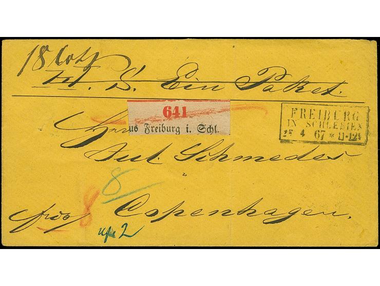 2 Sgr. ultramarin und waagerechtes Paar 3 Sgr. ocker, mit Ra3 "FREIBURG IN SCHLESIEN 25 4 67" auf Paketbegleitbrief über Hamb