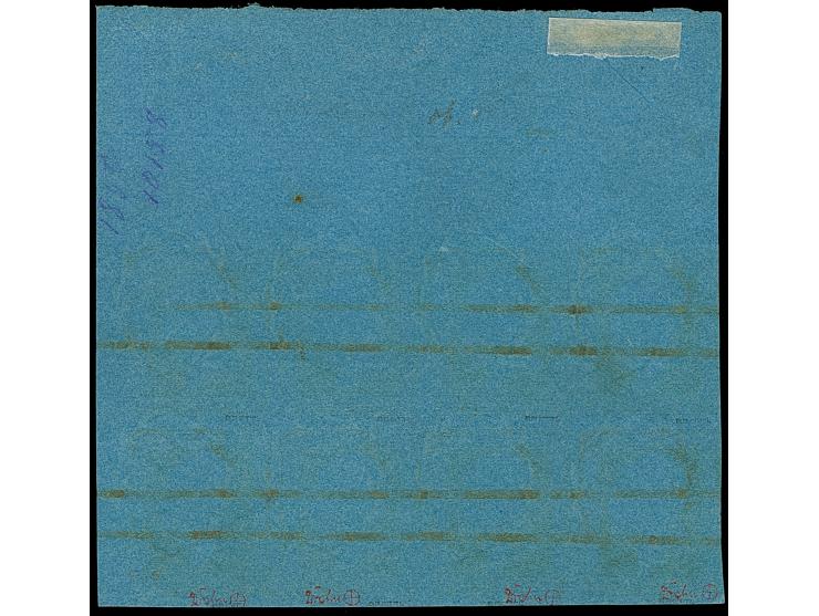 2 Sgr. auf blau im 8er-Block aus der rechten oberen Bogenecke, links noch voll-, sonst breitrandig, oben mit komplettem Bütte