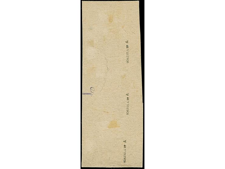 1919, Aufdrucktype I: Germania 5 Pfennig schwärzlichbläulichgrün, senkrechter Dreierstreifen, farbfrisch und gut gezähnt, sau