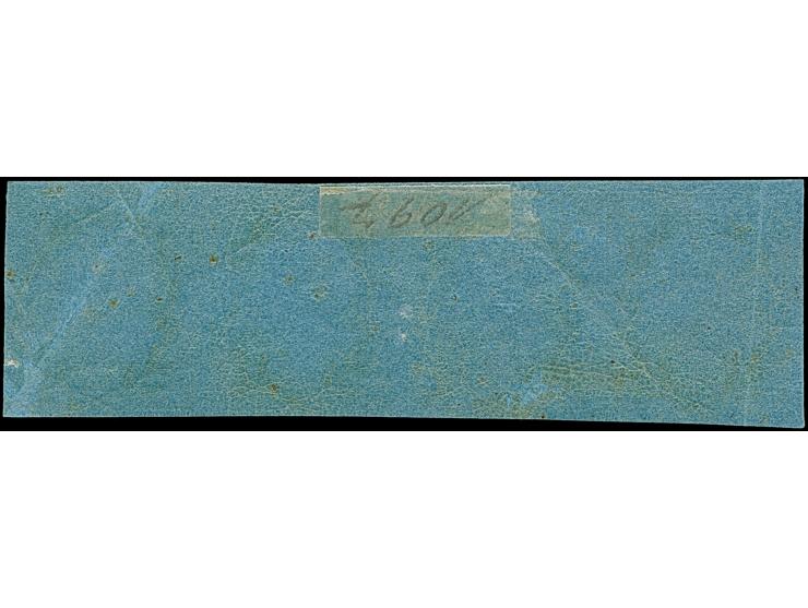 2 Sgr. auf blau im waagerechten 4er-Streifen, farbfrisch und voll- bis breitrandig, ungebraucht mit Originalgummi. Die äußere