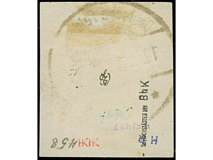 1919, Aufdrucktype II, roter Aufdruck: Germania 50 Pfennig dunkelgraulila/schwarz auf hellchromegelb, kopfstehender Aufdruck,