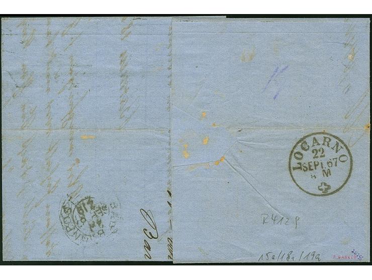 3 Pfg. graulila, 6 Pfg. orange und senkrechtes Paar 3 Sgr. ocker, mit Ra3 "BARMEN RITTERSHAUSEN 19 9" (1867) auf Briefhülle n