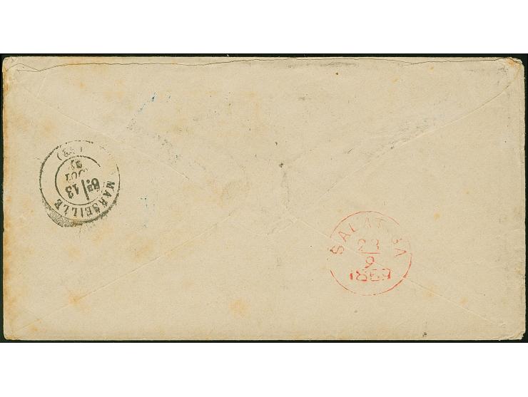 1859, zweiseitig geöffnetes unbezahltes Briefkuvert von "CREUZNACH 10.8." via Marseille nach Salatiga, Java, mit Ankunftsstem