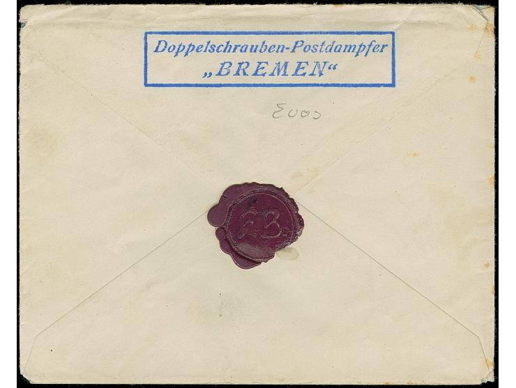 “DSP LINIE BREMEN-NEW YORK c 23.5.23” (D. Bremen) klar auf Ziffer 300 M. mit Wasserzeichen 1 auf Brief nach Bremen. Der Umsch