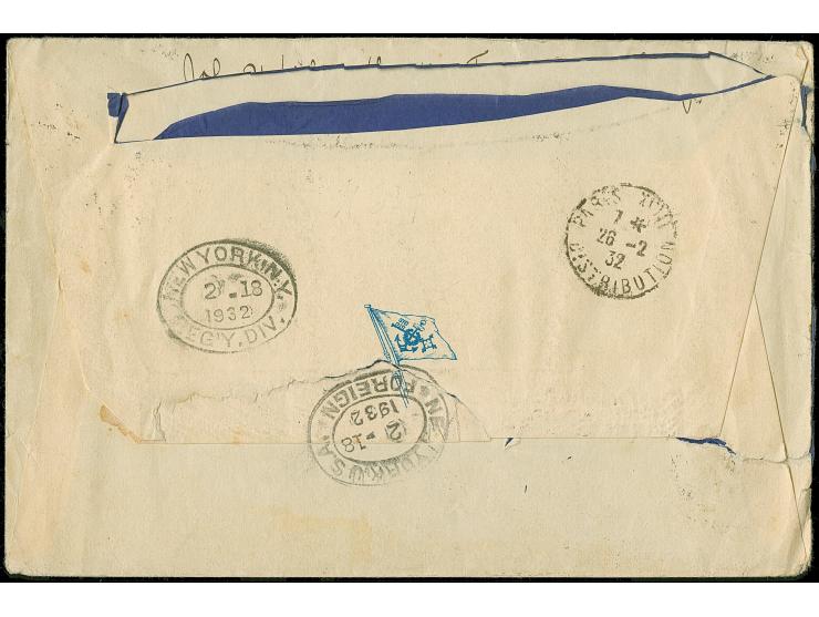 “DASP BREMEN-NEW YORK D. BREMEN 17.2.32” etwas undeutlich auf Stephan 80 Pfg. auf etwas überfrankiertem R-Brief der 2. Gewich