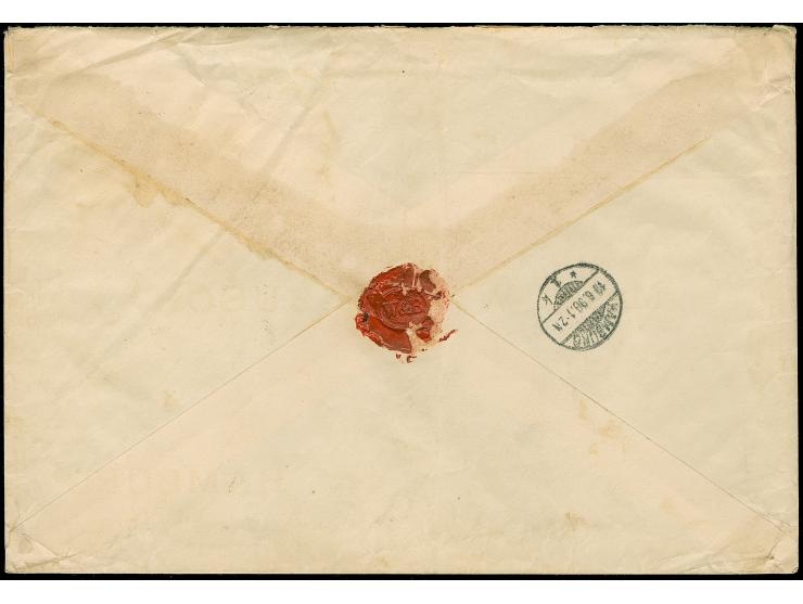 1890, Krone/Adler 50 Pfg. lebhaftrötlichbraun im waagerechten 6er-Block und senkrechtes Paar 10 Pfg. lebhaftlilarot je mit St