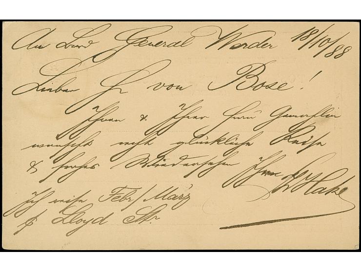 “DSP OST-ASIATISCHE-ZWEIGLINIE *a 18.10.88” (D. General Werder) klar auf Ganzsachenkarte 10 Pfg. mit Text und Datierung “An B