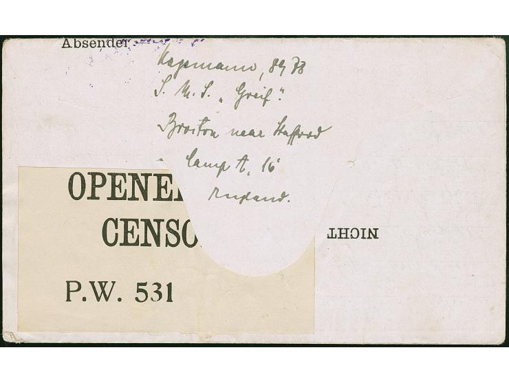 Internierung: 1918, Faltbrief “Prisoners of War” mit rückseitig kompletter Absenderangabe “…S.M.S. ”Greif"…Broston near Staff