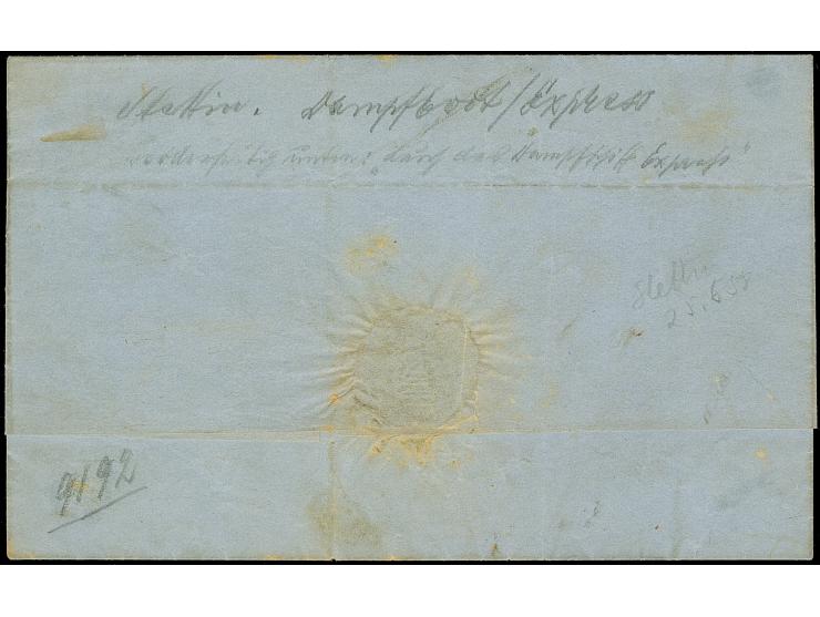 1860 (ca.), “DAMPFBOOT EXPRESS 25.6.” Rahmenstempel klar in Blau auf Begleitbriefhülle für eine Partie Stühle, vermutlich von
