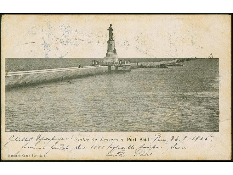 “DSP OST-INDISCHE LINIE *l 1.8.05" recht klar auf Germania 10 Pfg. auf Ansichtskarte “Port Said” mit Grußtext und L1 “PAQUEBO