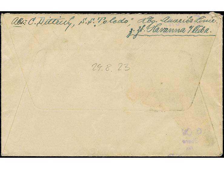 “DSP HAMBURG-AMERIKA-LINIE 29.8.23” (D. Toledo) klar auf Ziffer 3000 M. auf Vordruckbrief der Hamburg-Amerika Linie mit kompl