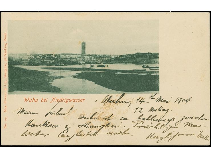“DSP YANGTSE-LINIE d 14.5.04” (D. Mei-Lee) klar auf Ausgabe1901 10 Pfg. auf Ansichtkarte “Wuhu bei Niedrigwasser” mit Text na