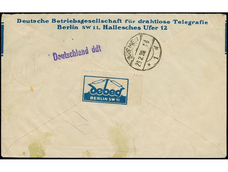 1928, “DASP HAMBURG-NEW YORK 23.2.28 DEUTSCHLAND H.A.L.” Flaggenstempel klar auf Adler 5 und 50 Pfg. als tarifgerechte Franka