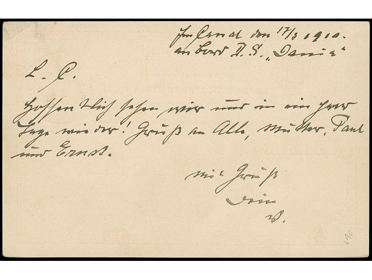 1908, Ganzsachenkarte 10 Bit. mit deutschem Schiffspoststempel “DSP LINIE HAMBURG-MEXICO VI. 4.3.10” (D. Dania) mit Text nach