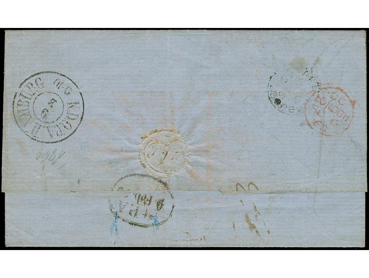 1860, “PERNAMBUCO JA 15.60” schwarzer EKr. rückseitig auf komplettem Faltbrief mit Leitvermerk “Per St. Avon” via London mit 