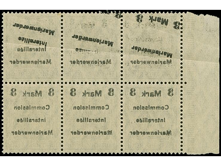 1920, Germania 3 Mark auf 3 Pfennig, 6er-Block mit linkem Seitenrand, Bogenfelder 1-3 und 11-13, durch Bogenumschlag die ober