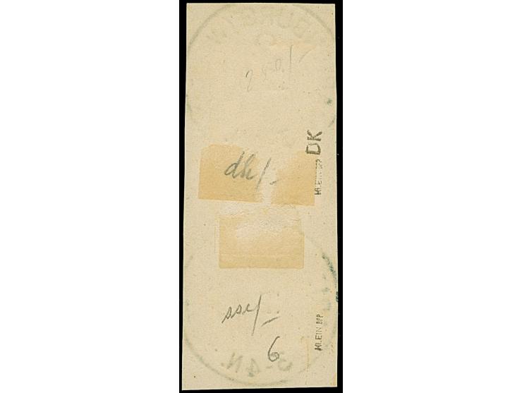 1920, Germania 5 Pfennig dunkelopalgrün, senkrechtes Paar, farbfrisch und gut gezähnt, die obere Marke mit doppeltem Aufdruck