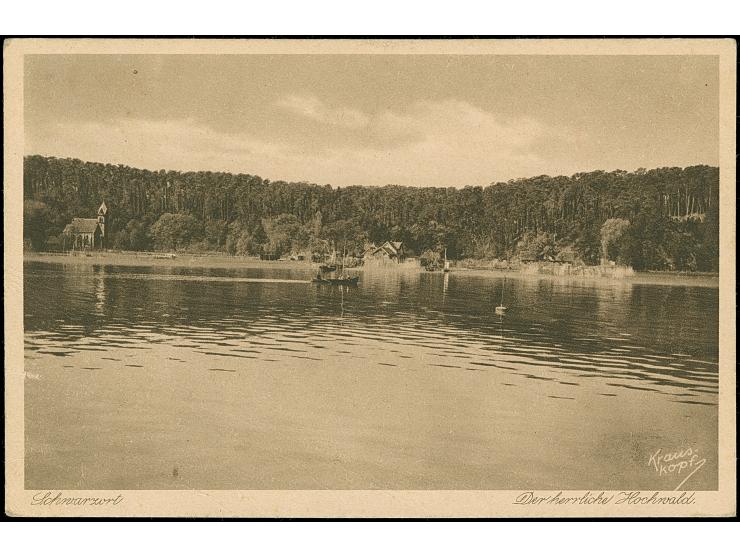 “Aus dem Dampferbriefkasten Memel-Cranzbeek” schwarzer L2 als Entwerter auf Litauen 15 C. rosa auf Ansichtskarte “Schwarzort 