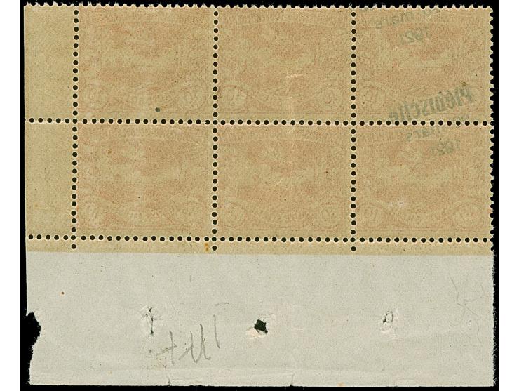 1921, Plebiscite 10 Pfennig dunkelrotorange, 6er-Block mit Unterrand und Teilzwischenstegansätzen rechts, nur die linken beid