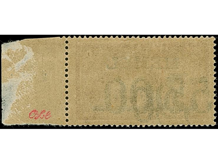 1922, 5,00 auf 2 mark auf 1 Franc, mit klarem um ca. 6,5mm nach links verschobenem Doppelaufdruck, rechtes Seitenrandstück, p