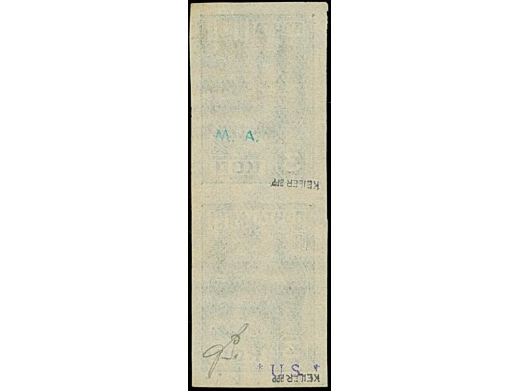 1941, 3 Kopeken dunkelgrünlichblau, senkrechtes Paar, dabei die untere Marke ohne Aufdruck, sauber gestempelt, tadellos. ProF