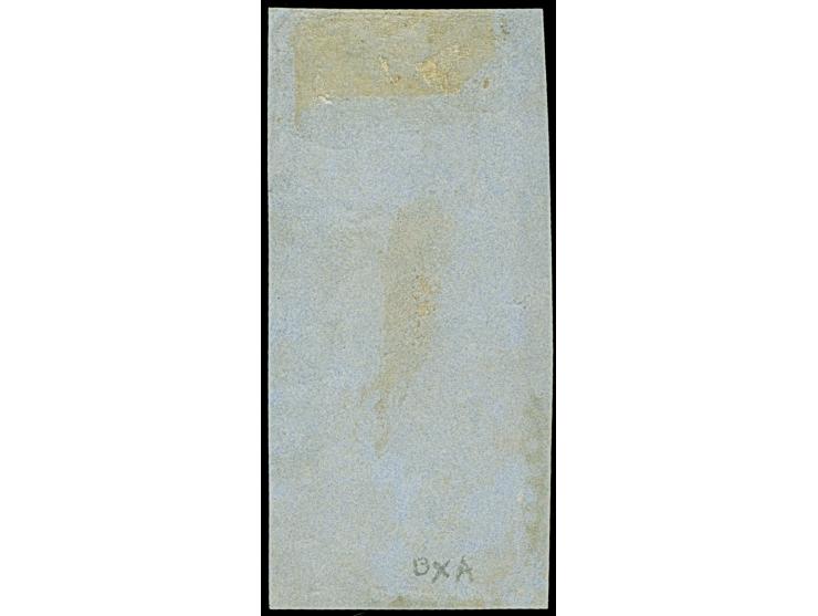 1852, Lithographed by Thomas Ham 3 d. blue, imperforate, 3rd State of the dies, a used vertical left marginal pair with ample