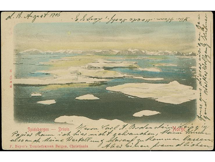 1906, Freimarken 2-5 Ö. mit Stempel “HAMMERFEST 24.VIII.06” in Mischfrankatur mit Spitzbergen-Vignette 10 Ö. braun mit violet