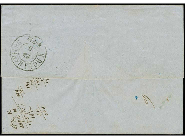 1854, “VÍKEN 24.0.1854” blauer EKr. klar auf Faltbriefhülle von “STRALSUND 21.9.” mit Ra1 “FRANCO.” via Hamburg nach Bergen m