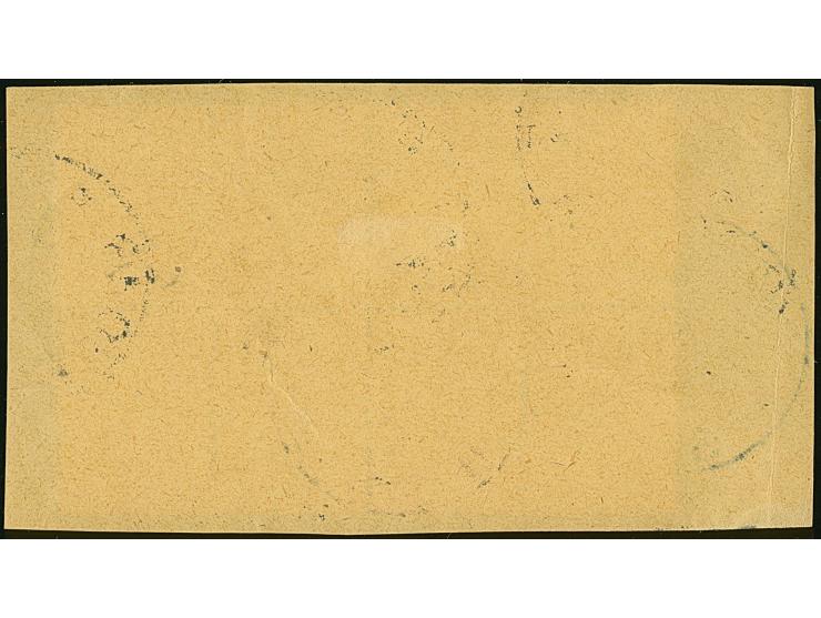 3 L. auf 15 St. mit Aufdruck in Type II im waagerechten 8er-Block, dabei haben die 1. und 3. Marke von links in der oberen Re