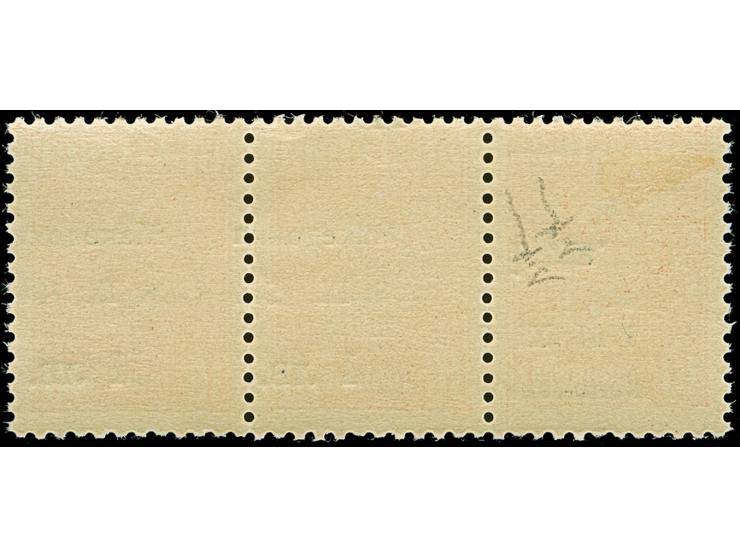 1 L. auf 10 St. mit kopfstehendem, nach rechts unten verschobenem Aufdruck in Type II im waagerechten Dreierstreifen mit zwei