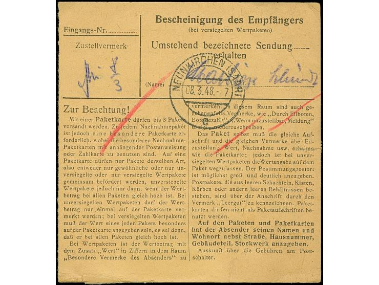 1947, 75 Pfg. im waagerechten Paar mit teils rauer Zähnung, mit Stempel “SAULGAU 24.2.48” als tarifgerechte Mehrfachfrankatur