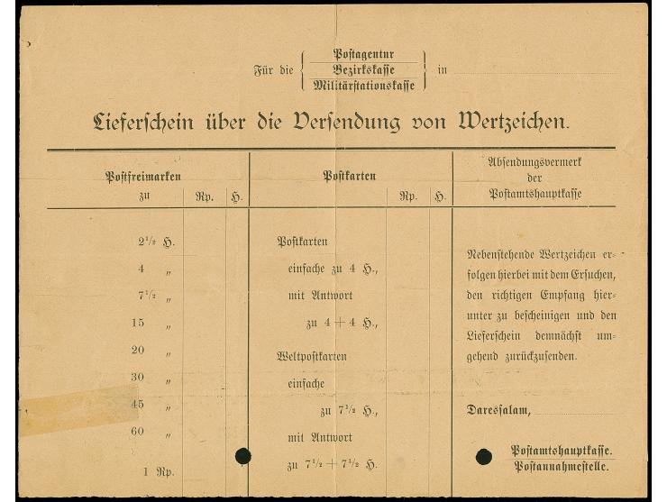 1916, Not-Telegramm, hektographiert auf Rückseite eines Wertzeichen-Lieferscheins aus Daressalam vom 24.2. mit L1 “Morogoro” 