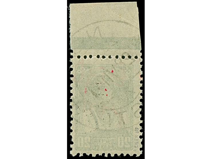 1941, “Eesti post”, handschriftlicher Aufdruck in roter Tinte: 20 Kopeken, Oberrandstück, farbfrisch und gut gezähnt, sauber 