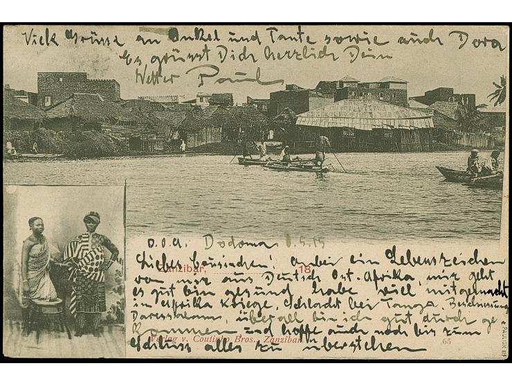 1915, Kaiseryacht 7½ H. mit klarem Stempel “DODOMA (DOA) 10.5.15” auf Ansichtskarte “Zanzibar” mit viel Text via “IBO 8.7.15”