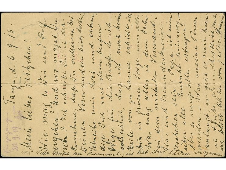 1915, Kaiseryacht 4 H. mit Wasserzeichen als Zufrankatur auf Ganzsachenkarte 4 H. mit Stempel “TANGA DOA a 9.9.15” &nbsp;und 