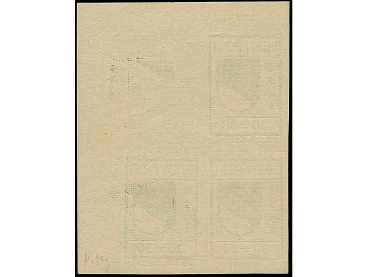 1941, Wappenschild 30 Kopeken, geschnitten, Type I, Probedruck-Viererblock aus der rechten oberen Bogenecke, die rechte obere