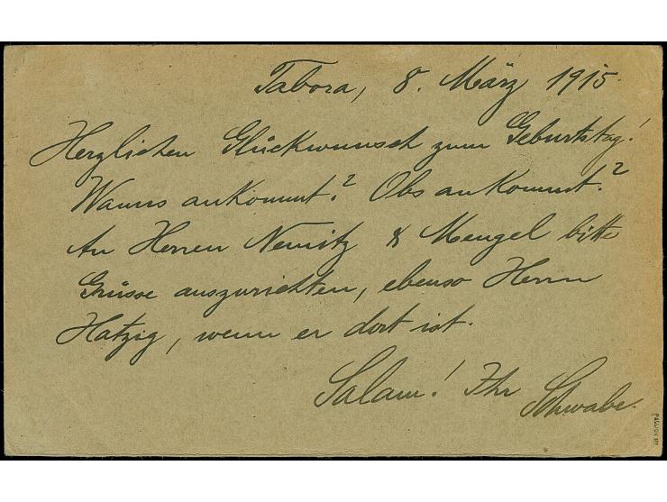 1915, Kaiseryacht 4 H. mit Wasserzeichen und Stempel “TABORA (DOA) 18.3.15” auf selbst gefertigter Postkarte mit violettem Ze