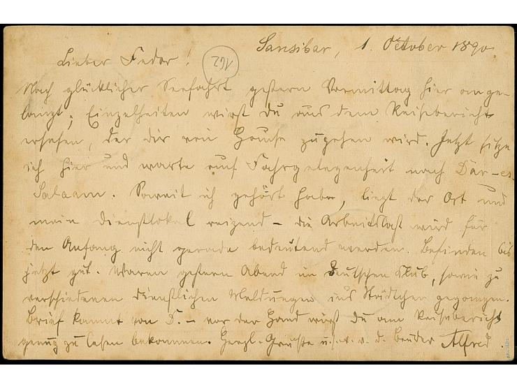 1890, Ganzsachenkarte Krone/Adler 10 Pfg. mit blauem Stempel “ZANZIBAR KDPAG 2.10.90” als Entwerter und 2. Abschlag unten sow