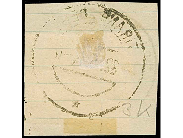 1943, 3 Qind schwärzlichgelbbraun, linkes Seitenrandstück mit kopfstehendem Aufdruck, sauber mit Stempel “TIRANE DEGE 22-.5.4