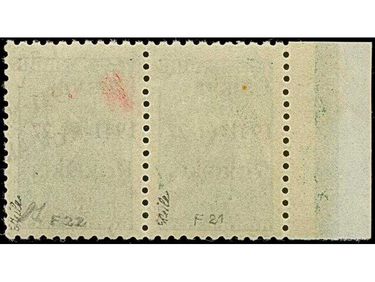 1941, 15 Kopeken dunkelgraugrün, braunroter Aufdruck, waagerechtes Paar mit linkem Seitenrand, die rechte Marke mit doppeltem