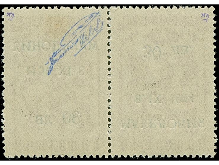 1944, 30 auf 14 Lew, waagerechtes Kehrdruckpaar von den Aufdruckfeldern 17-18, postfrisch, tadellos, sign. Karavainoff und Fo