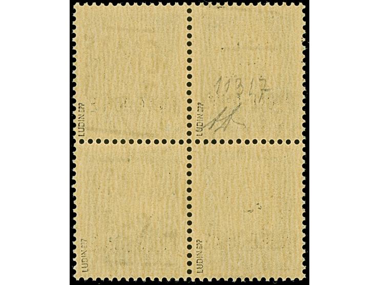1943, 25 &nbsp;Centesimi schwarzgrün, Viererblock, die linke obere Marke mit kopfstehendem Aufdruck, die drei weiteren mit no