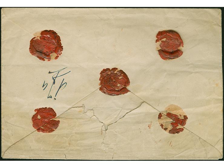 3 Pfg. lila zusammen mit 6 Pfg. orange, 2 Sgr. ultramarin und 3 Einzelwerten 3 Sgr. ocker, mit blauem Ra3 "BERLIN POST-EXP.7 