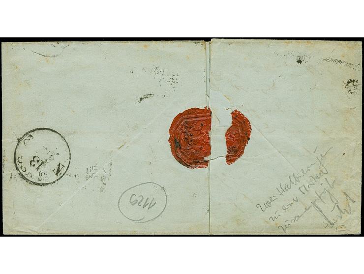 &nbsp;1850, 2 Sgr. auf blau, zwei senkrecht schräg geschnittene Hälften, leicht überlappend fast genau zu einem Markenbild z