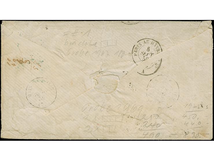 1850, ½ Sgr. rotorange, waagerechter Dreierstreifen und 2 waagerechte Paare, alle voll- bis überrandig, mit Ra2 "STOLBERG 7 9