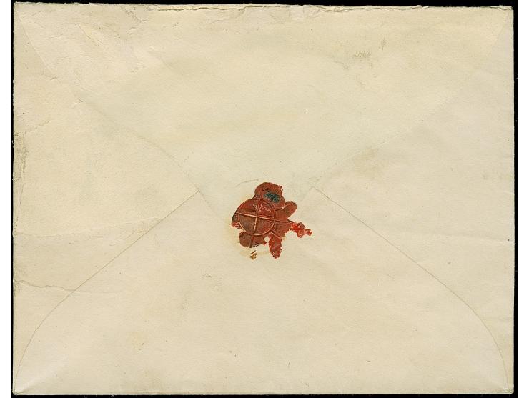 ½ Gr. ziegelrot, 2 Gr. ultamarin und 5 Gr. ockerbraun auf Ganzsachenumschlag 1 Gr. im Großformat, als Paketbegleitbrief mit P