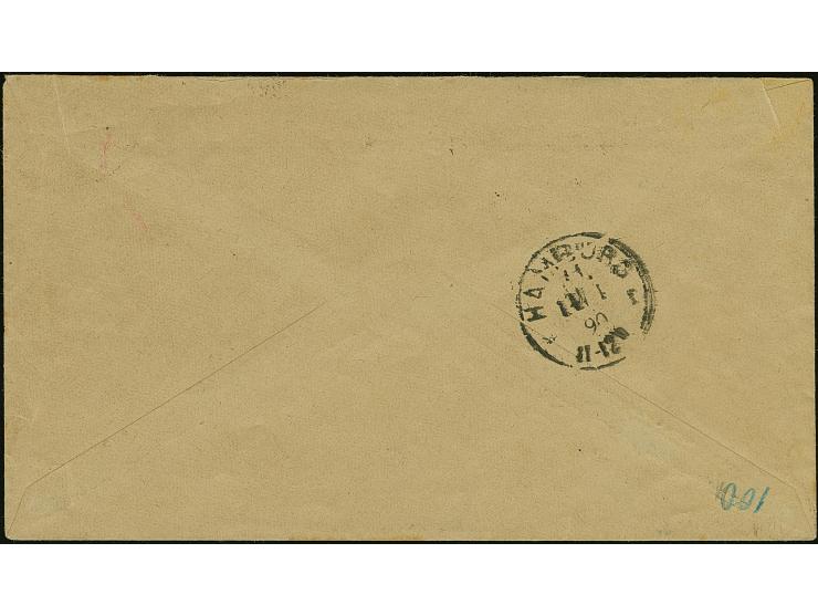 1889, Krone/Adler 10 Pfg. rosarot (leuchtend karmin quarzend) im senkrechten Paar mit Rahmenstempel “AUS WESTAFRIKA” auf Vord