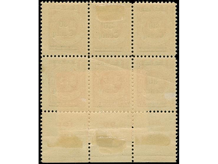 1923, 24-Werte 30 Centu auf 100 Mark, Unterrand 6er-Block, dabei die unteren Werten mit Teilaufdruck sowie Teiladruck auf kop